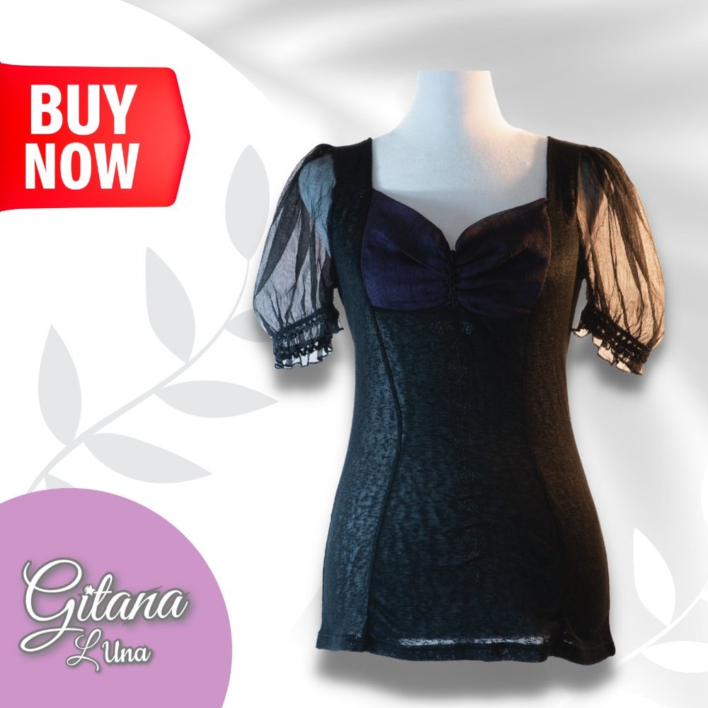 Neo-Victorian and Romantic Gothic women`s black and purple short-sleeved top